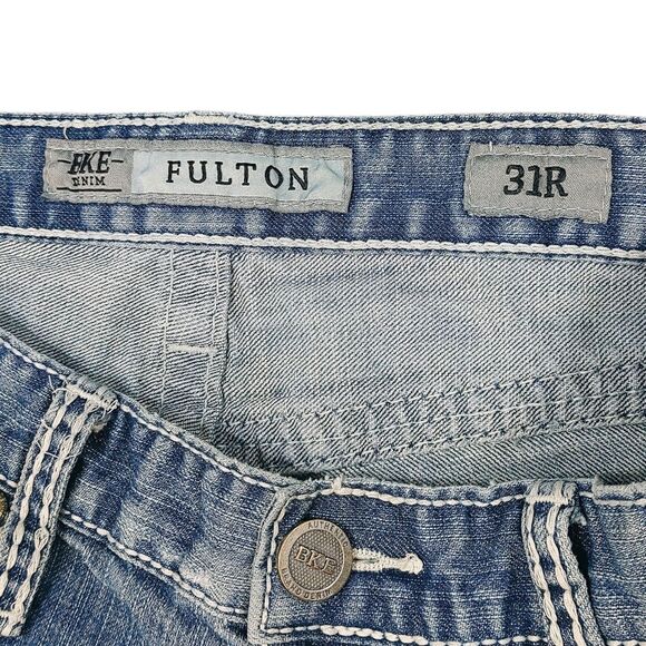 BKE Fulton Mens 31R Denim Blue Jeans Bootcut Medium Wash Thick Stitch Cowboy - Picture 14 of 16